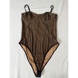 Black Polka Dot Mesh Underwire Bodysuit Tan Lining Adjustable Strap white Fox